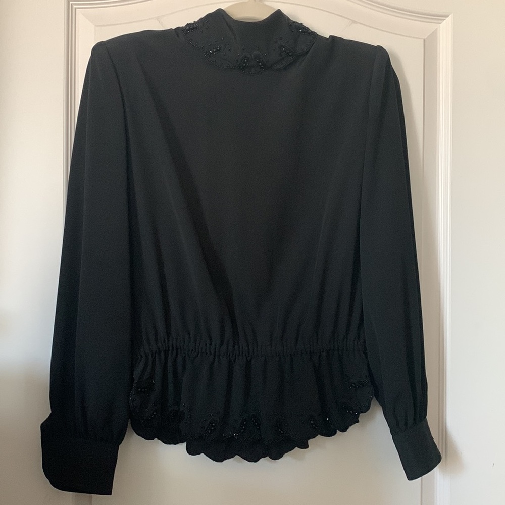Vintage Italian haute couture blouse, black, hand beaded, smocked waist, size 46
